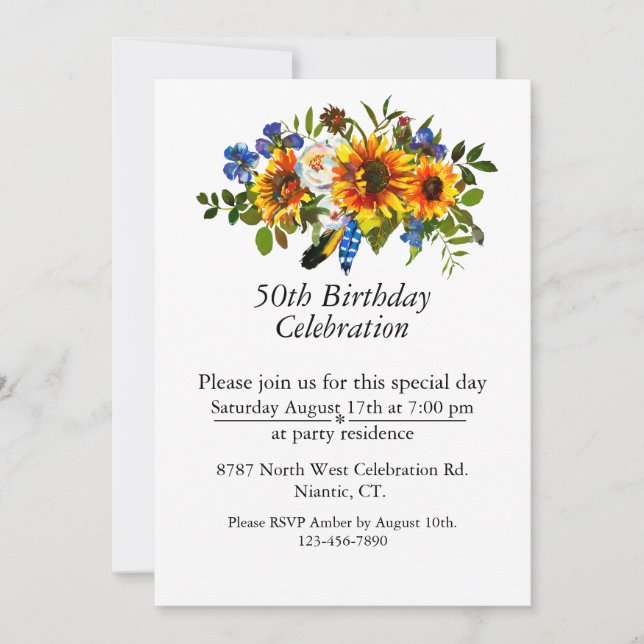 Invitación Boho Sunflower Personalizable Floral 50 cumpleaños (Anverso)