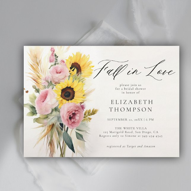 Invitación Boho Sunflower Rosa Rosa Rústica Moda de novia duc (fall in love bridal shower invitation sunflower rose boho pampas peony watercolor elegant rustic)