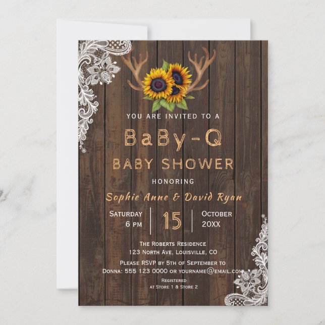 Invitación Boho Sunflowers Antlers BaBy-Q Baby Shower (Anverso)