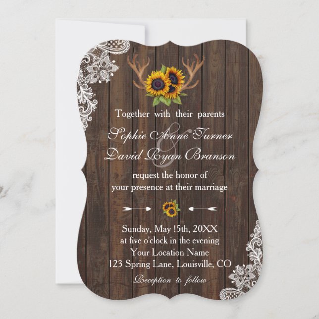 Invitación Boho Sunflowers Antlers Wood Lace Boda (Anverso)