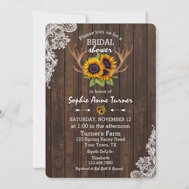 Invitación Boho Sunflowers Antlers Wood Lace Bridal Shower (Anverso)
