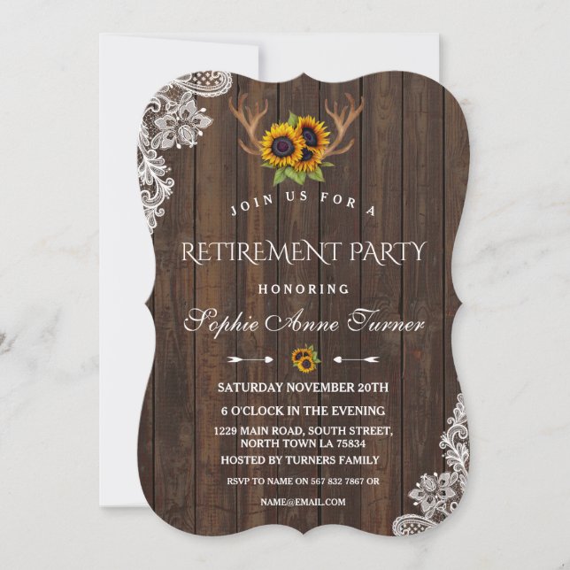 Invitación Boho Sunflowers Antlers Wood Lace Retirement Party (Anverso)