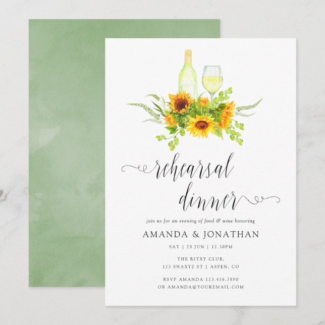 Invitación Boho Sunflowers Ensayo Cena Degustación de vinos (Anverso / Reverso)