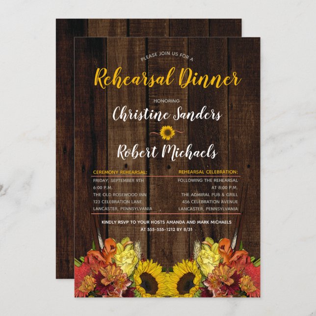 Invitación Boho Sunflowers Floral | Cena de ensayo de madera (Anverso / Reverso)