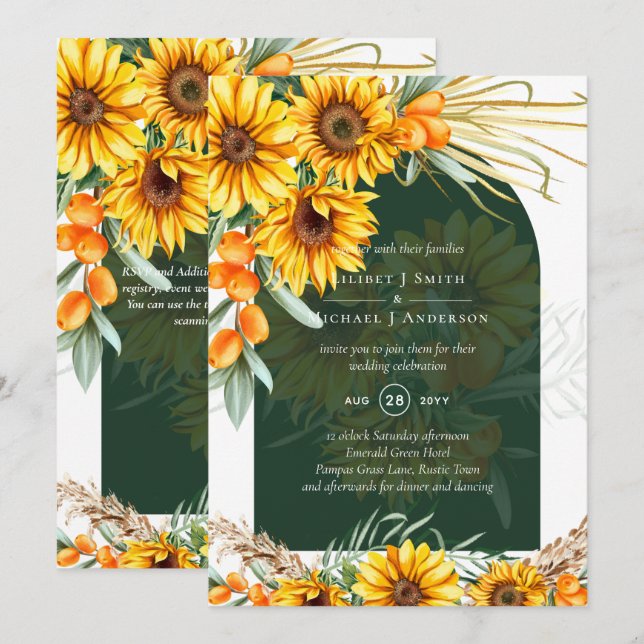 Invitación BOHO Sunflowers Pampas Grass Emergencia Green Boda (Anverso / Reverso)