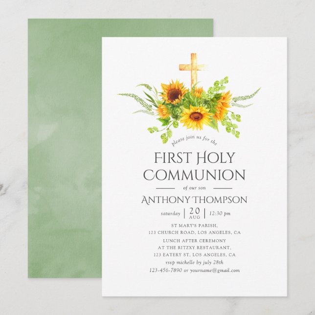 Invitación Boho Sunflowers Primera Comunión Santa (Anverso / Reverso)