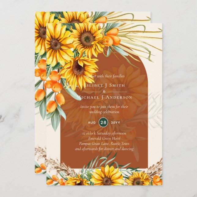 Invitación Boho Sunflowers Terracotta Pampas Grass Boda (Anverso / Reverso)