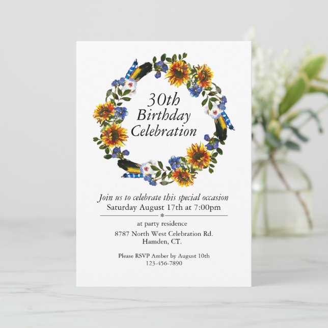 Invitación Boho Sunflowers Wreath Personalizable 30 cumpleaño (Anverso de pie)