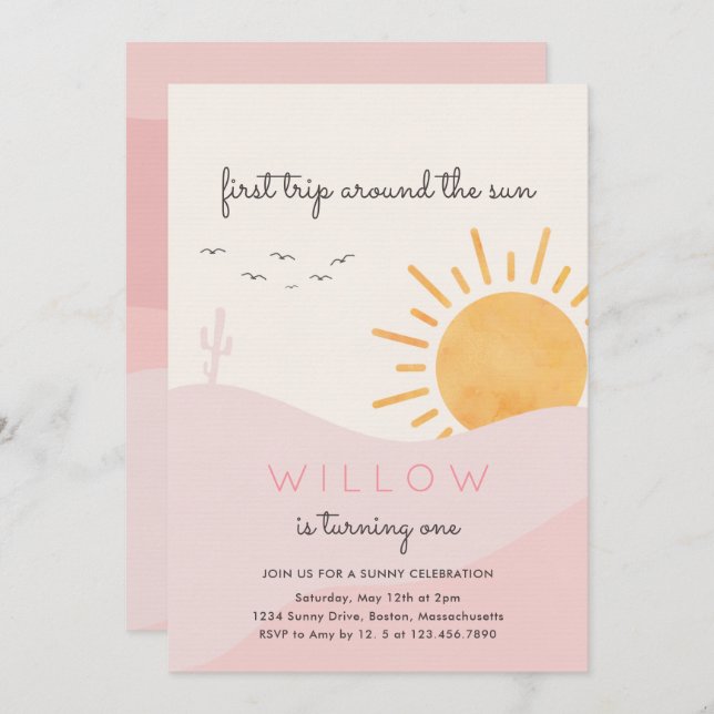 Invitación Boho Sunshine 1er Viaje alrededor del Cumpleaños d (Anverso / Reverso)