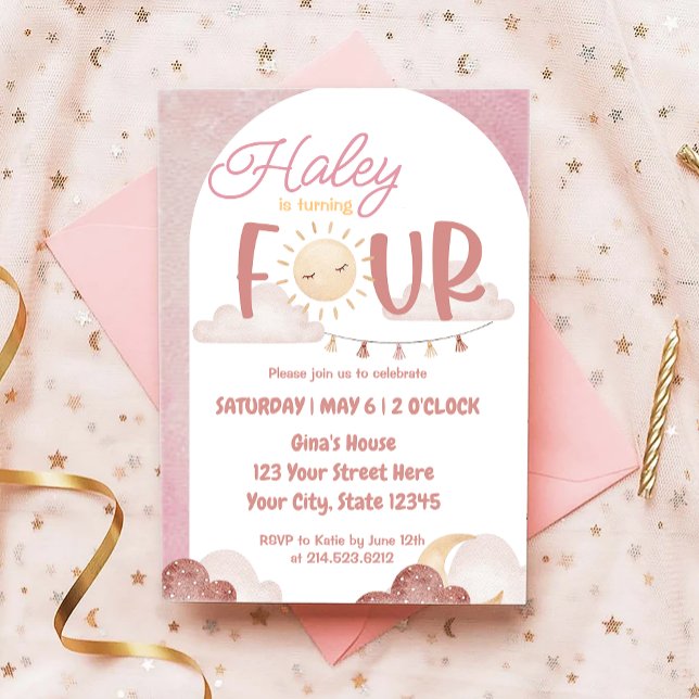 Invitación Boho Sunshine 4º Fiesta de cumpleaños acuarela (Subido por el creador)