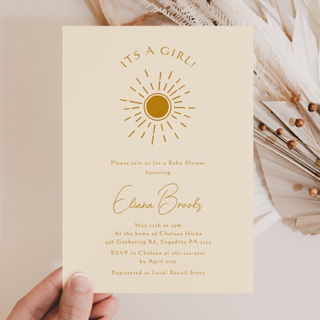 Invitación Boho Sunshine | Beige Baby Shower Es un Chica (Subido por el creador)