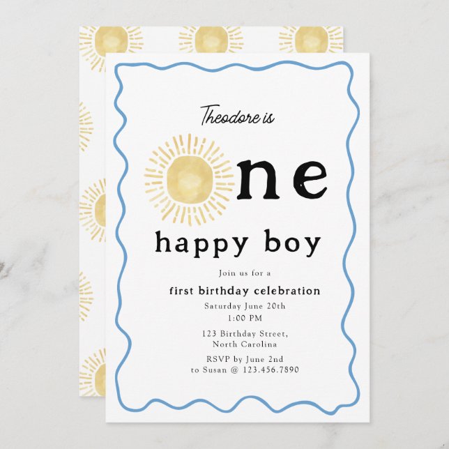 Invitación Boho Sunshine First Birday One Happy Boy Retro (Anverso / Reverso)