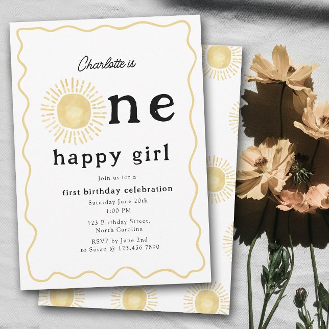 Invitación Boho Sunshine primer cumpleaños un feliz Chica ret (Boho Sunshine First Birthday One Happy Girl Retro Invitation)