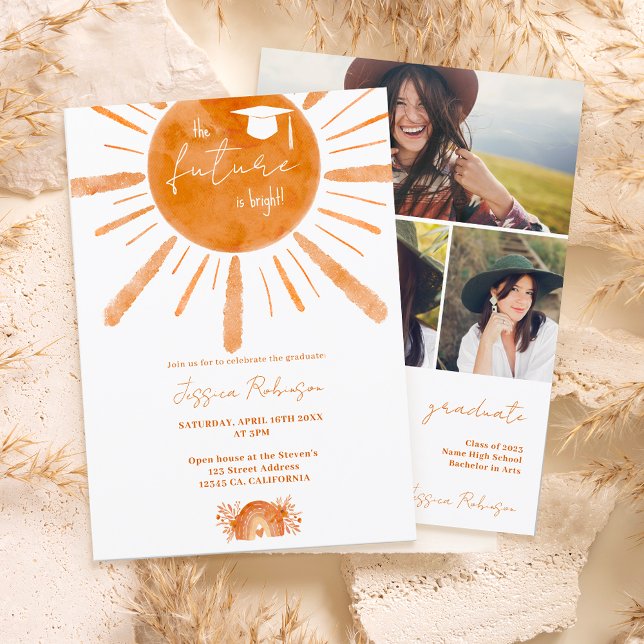 Invitación Boho sunshine rainbow naranja 4 fotos graduación (Subido por el creador)
