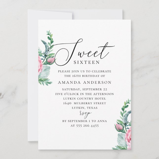 Invitación Boho Sweet 16. Aniversario de la floral rosa del j (Anverso)