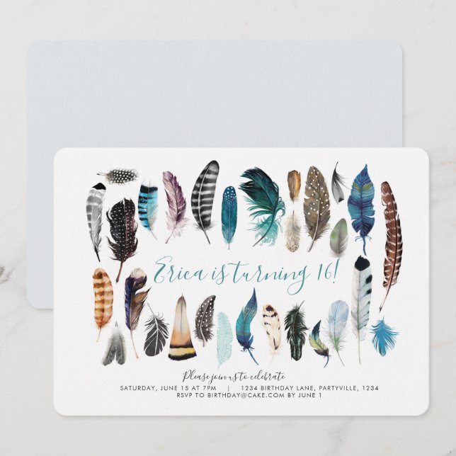 Invitación Boho Sweet 16 Feather Birthday Invitation (Anverso / Reverso)