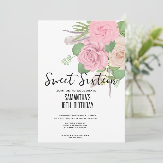 Invitación Boho Sweet 16 Invite - Floral acuática rosa (Anverso de pie)