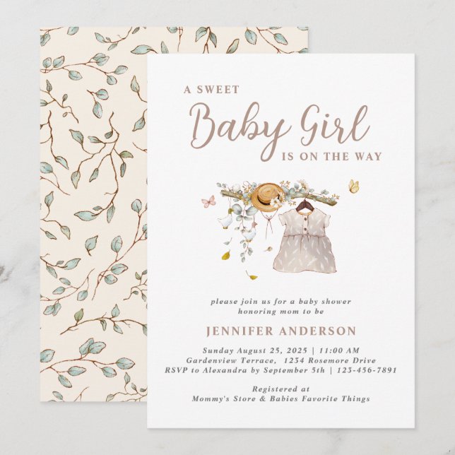 Invitación Boho Sweet Baby Girl Outfit Baby Shower Botánico (Anverso / Reverso)
