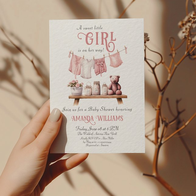 Invitación Boho Sweet Chica Pink Clothesline Baby Shower (Subido por el creador)