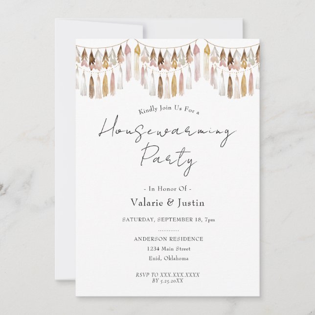Invitación Boho Tassels, Fiesta de Calentamiento de Viviendas (Anverso)