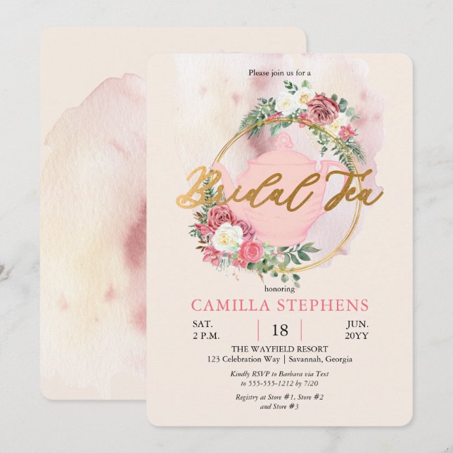 Invitación Boho Teapot | Ducha De Té De Novia Rosa (Anverso / Reverso)