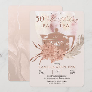 Invitación Boho Teapot Hydrangeas Pampas 50 cumpleaños