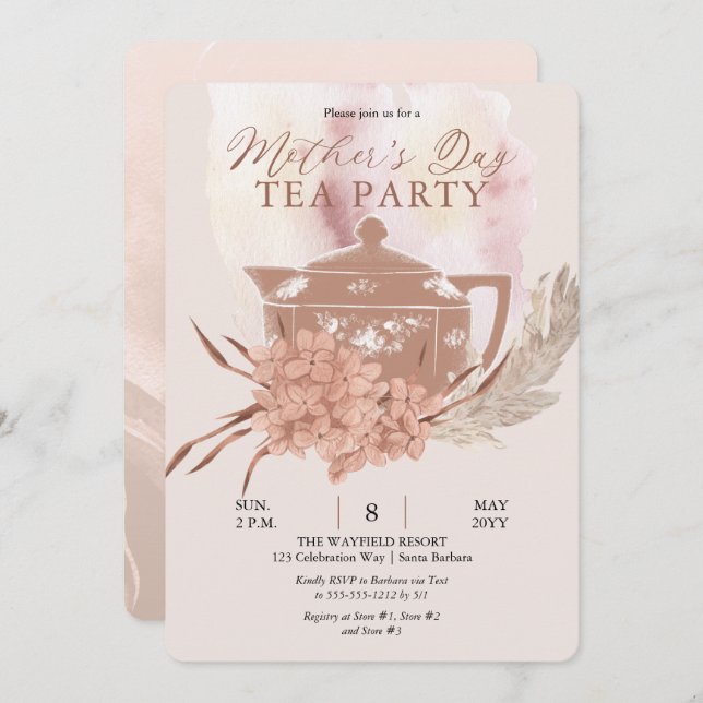 Invitación Boho Teapot Hydrangeas Pampas té del día de la mad (Anverso / Reverso)