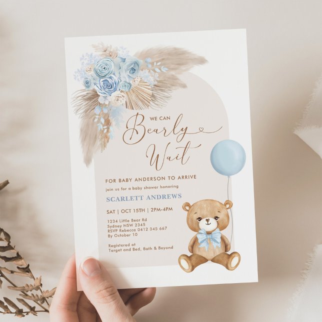 Invitación Boho Teddy Bear Balloon Pampas Boy Baby Shower (Subido por el creador)