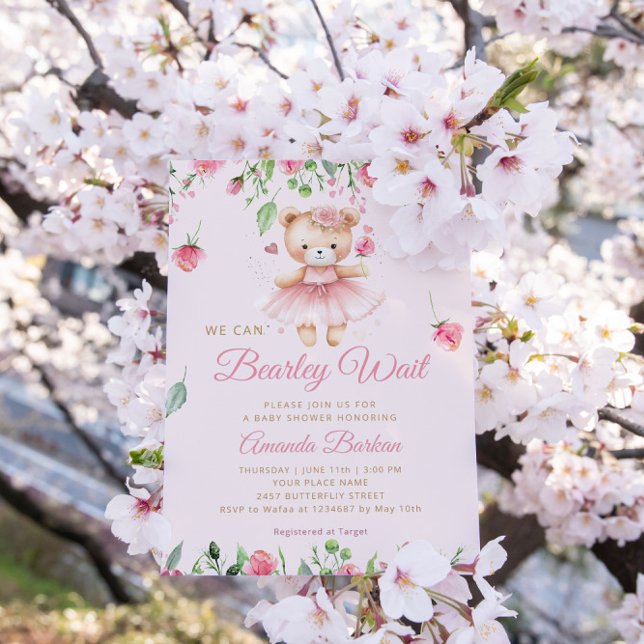 Invitación Boho Teddy Bear Bear Rosa Bearly Wait Chica Baby S (Subido por el creador)