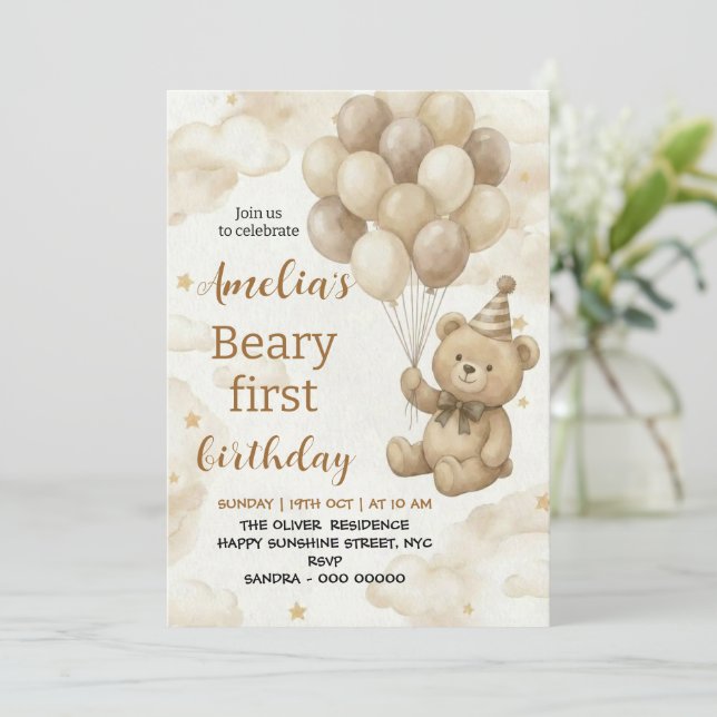 Invitación Boho Teddy Bear Beary First 1st Birthday Party (Anverso de pie)