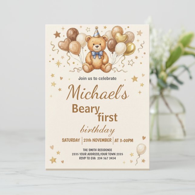 Invitación Boho Teddy Bear Beary First 1st Birthday Party (Anverso de pie)