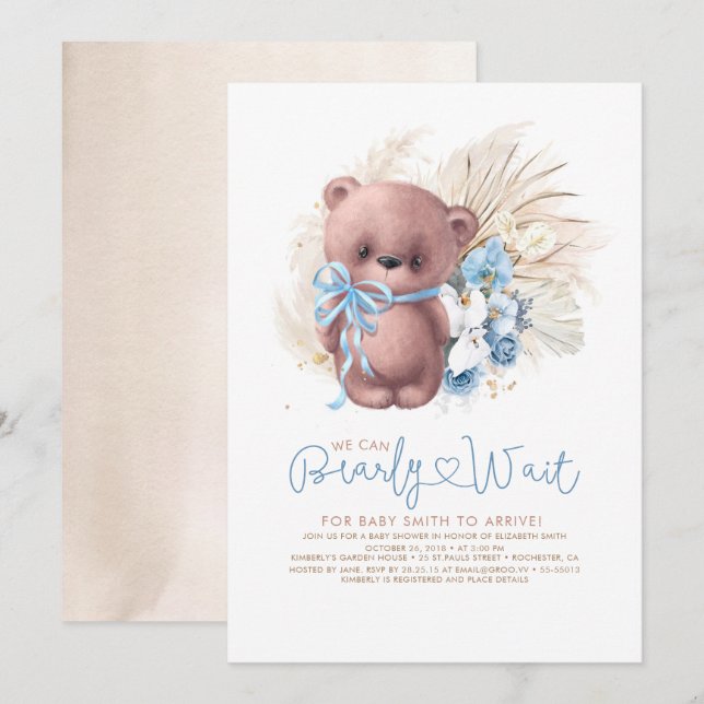Invitación Boho Teddy Bear Blue Bearly Wait Boy Baby Shower (Anverso / Reverso)