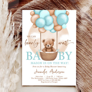 Invitación Boho Teddy Bear Blue Boy Bearly Wait Baby Shower