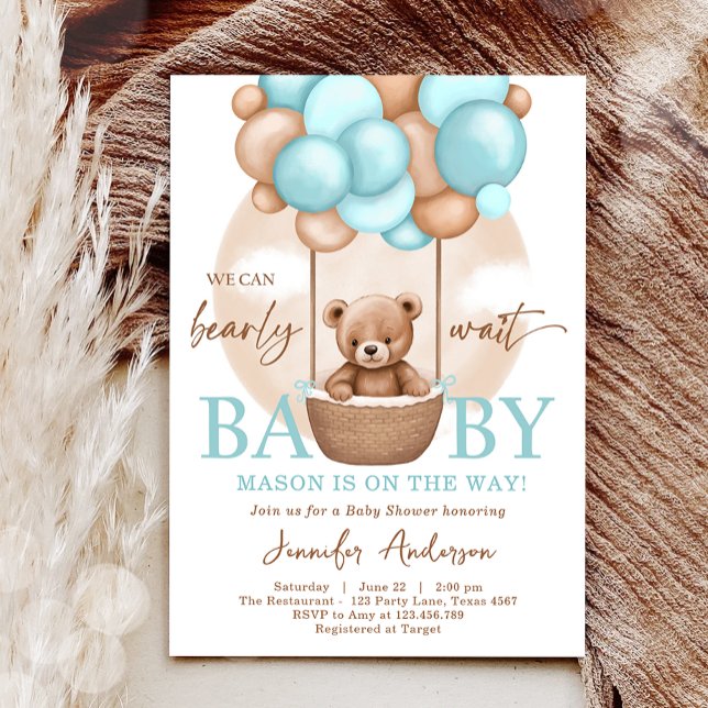 Invitación Boho Teddy Bear Blue Boy Bearly Wait Baby Shower (Subido por el creador)