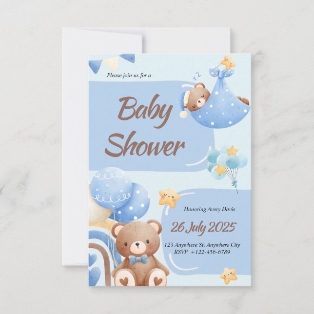 Invitación Boho Teddy Bear Boy Blue Baby Shower Invitation (Anverso)