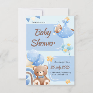 Invitación Boho Teddy Bear Boy Blue Baby Shower Invitation