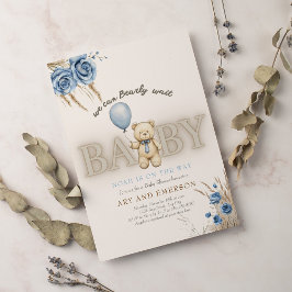 Invitación Boho Teddy Bear Boy Blue Bearly Wait Baby