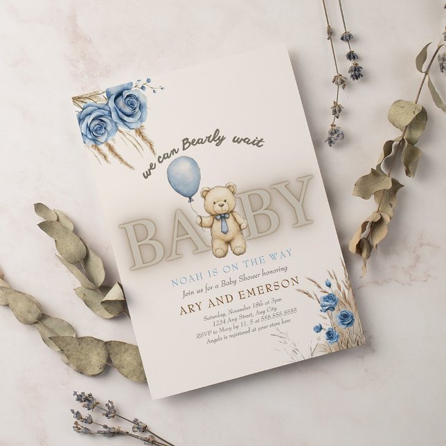 Invitación Boho Teddy Bear Boy Blue Bearly Wait Baby (Subido por el creador)