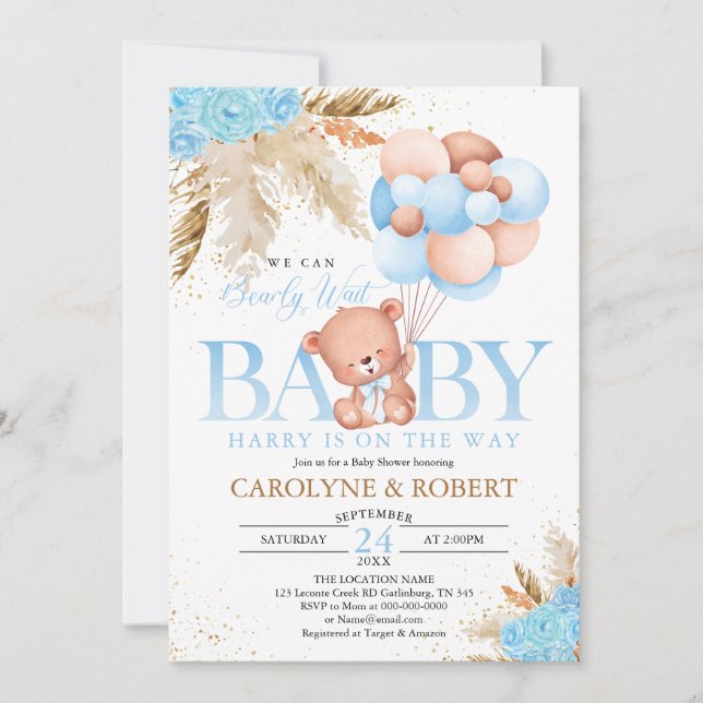Invitación Boho Teddy Bear Boy Blue Bearly Wait Baby Shower (Anverso)