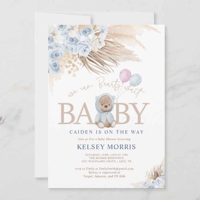Invitación Boho Teddy Bear Boy Blue Bearly Wait Baby Shower (Anverso)