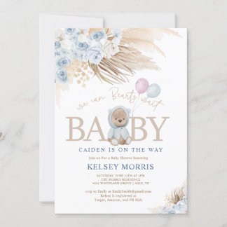 Invitación Boho Teddy Bear Boy Blue Bearly Wait Baby Shower