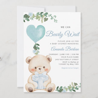 Invitación Boho Teddy Bear Boy Blue Bearly Wait Baby Shower 