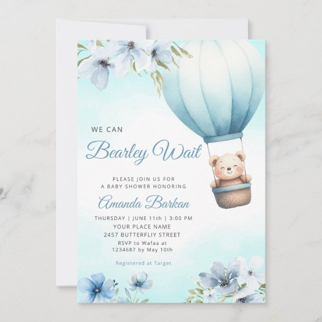 Invitación Boho Teddy Bear Boy Blue Bearly Wait Baby Shower (Anverso)