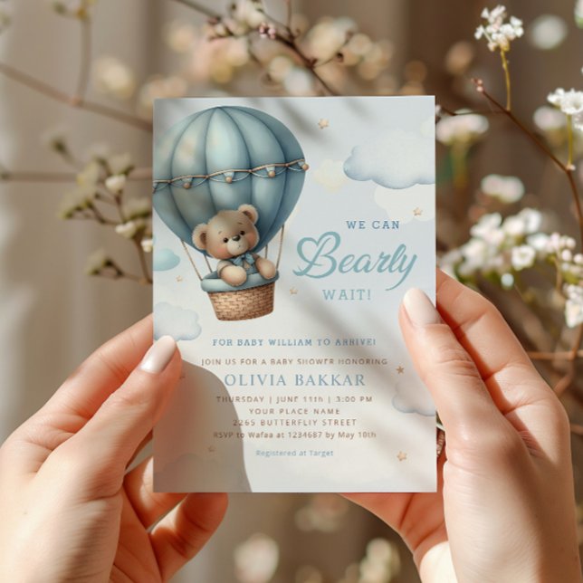 Invitación Boho Teddy Bear Boy Blue Bearly Wait Baby Shower (Subido por el creador)