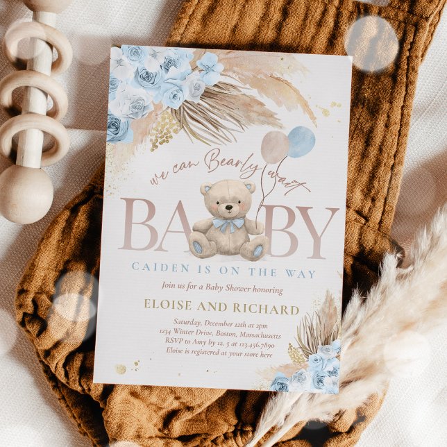 Invitación Boho Teddy Bear Boy Blue Bearly Wait Baby Shower (Subido por el creador)