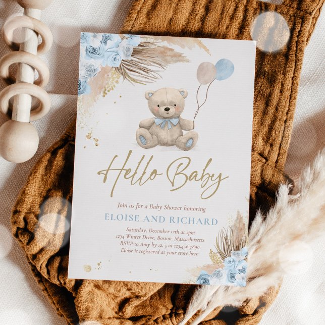 Invitación Boho Teddy Bear Boy Blue Bearly Wait Baby Shower (Subido por el creador)