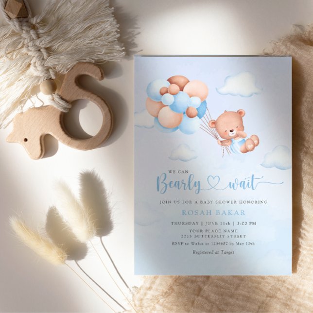 Invitación Boho Teddy Bear Boy Blue Bearly Wait Baby Shower (Subido por el creador)