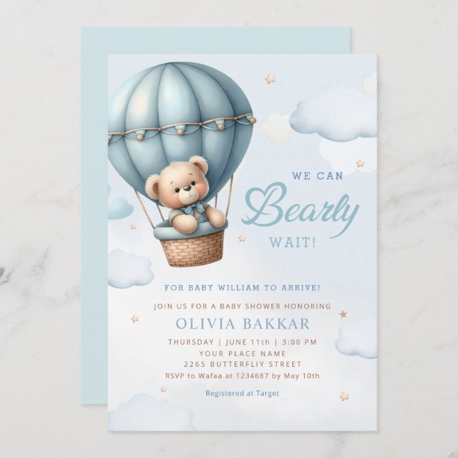 Invitación Boho Teddy Bear Boy Blue Bearly Wait Baby Shower (Anverso / Reverso)