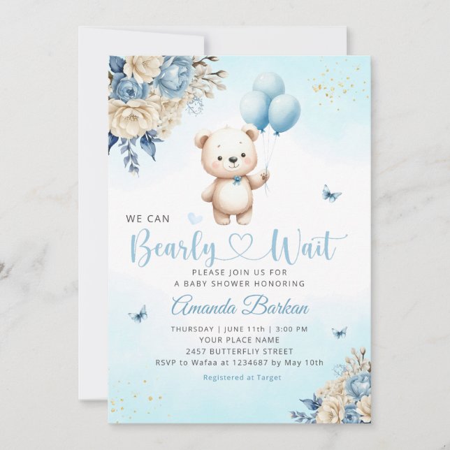 Invitación Boho Teddy Bear Boy Blue Bearly Wait Baby Shower (Anverso)