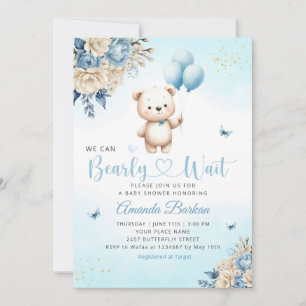 Invitación Boho Teddy Bear Boy Blue Bearly Wait Baby Shower